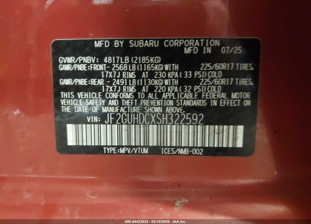 2025 SUBARU CROSSTREK PREMIUM VIN: JF2GUHDCXSH322592