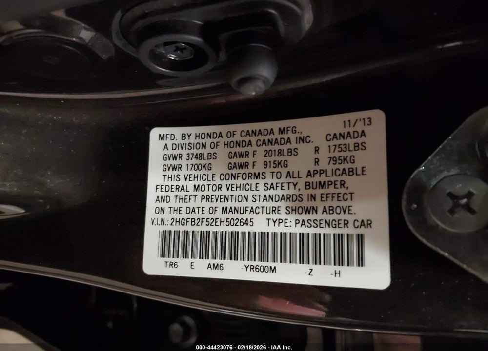 2014 HONDA CIVIC LX VIN: 2HGFB2F52EH502645