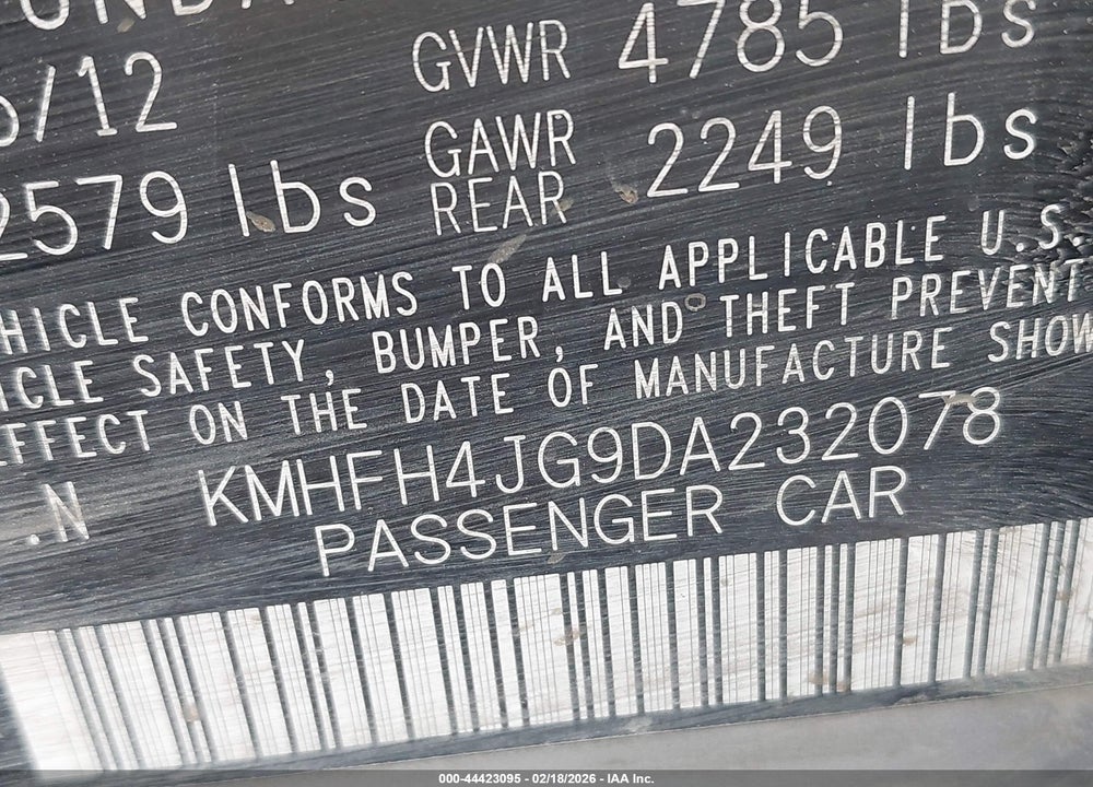 2013 HYUNDAI AZERA VIN: KMHFH4JG9DA232078