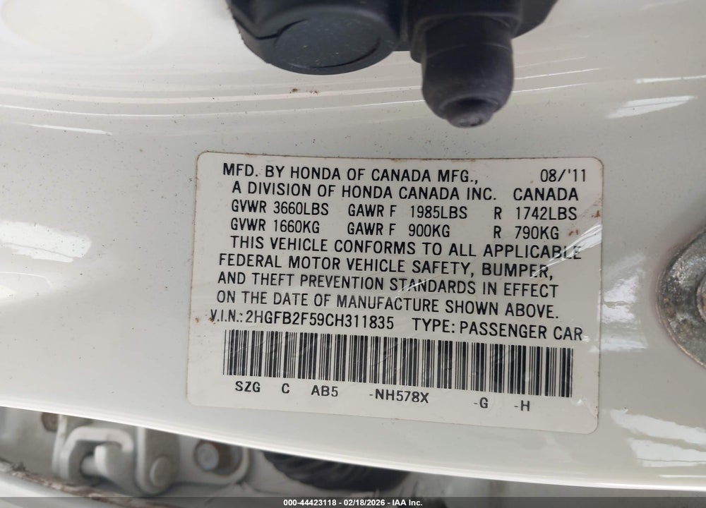 2012 HONDA CIVIC LX VIN: 2HGFB2F59CH311835