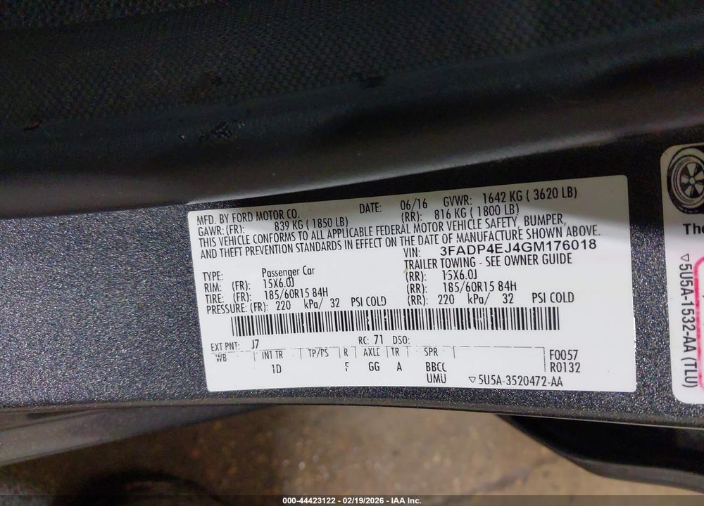 2016 FORD FIESTA SE VIN: 3FADP4EJ4GM176018