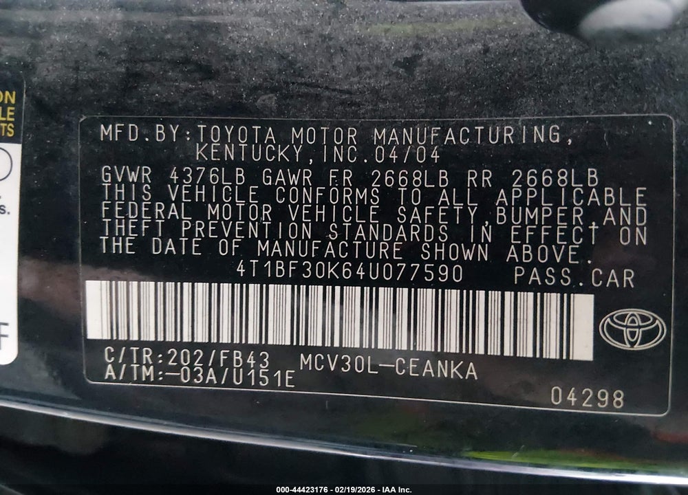 2004 TOYOTA CAMRY LE V6 VIN: 4T1BF30K64U077590