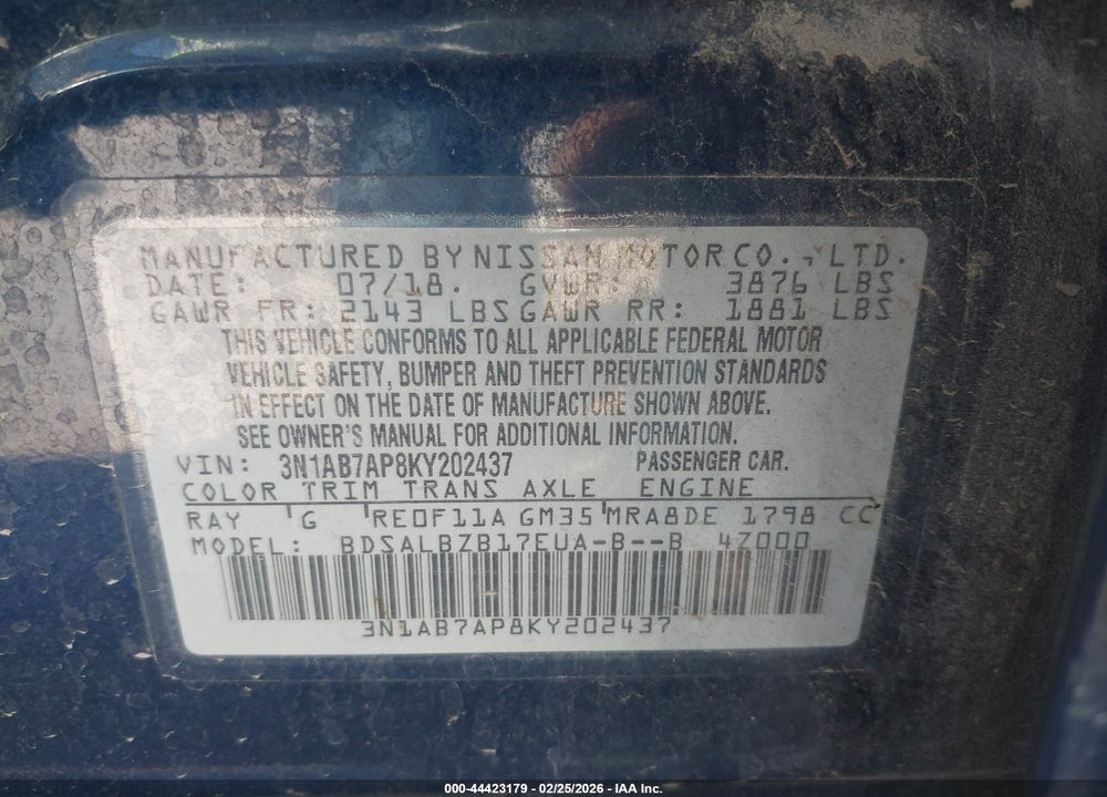 2019 NISSAN SENTRA S VIN: 3N1AB7AP8KY202437