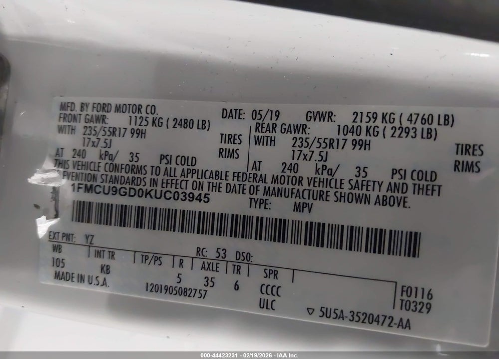 2019 FORD ESCAPE SE VIN: 1FMCU9GD0KUC03945