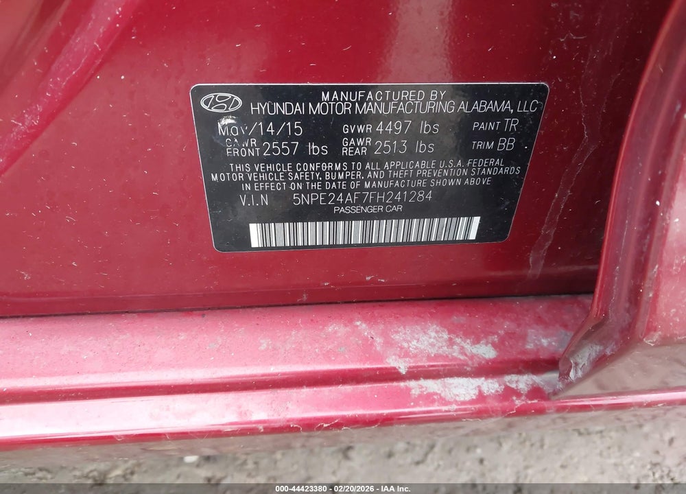 2015 HYUNDAI SONATA SE VIN: 5NPE24AF7FH241284