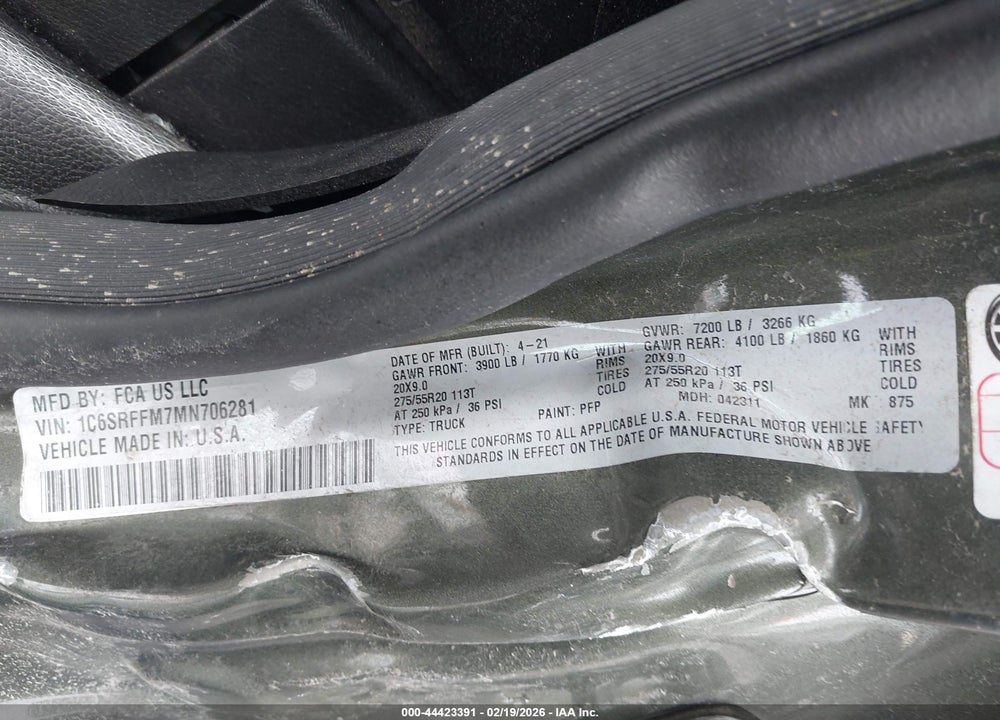 2021 RAM 1500 BIG HORN  4X4 5'7 BOX VIN: 1C6SRFFM7MN706281