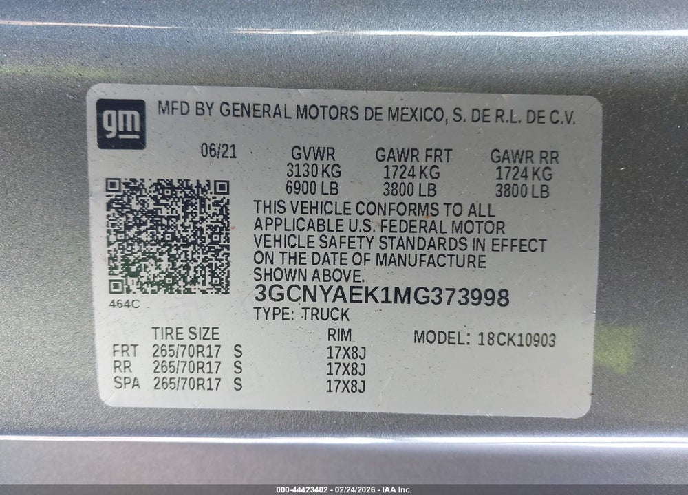 2021 CHEVROLET SILVERADO 1500 4WD  LONG BED WT VIN: 3GCNYAEK1MG373998