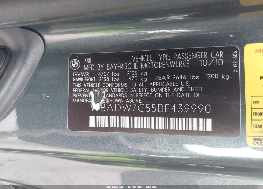 2011 BMW 328I VIN: WBADW7C55BE439990