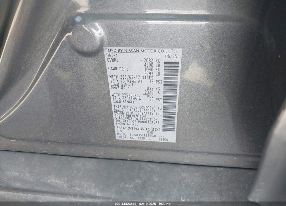 2019 NISSAN ROGUE S VIN: 5N1AT2MT9KC835801