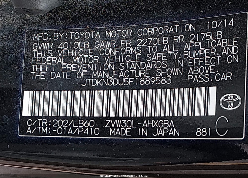 2015 TOYOTA PRIUS FOUR VIN: JTDKN3DU5F1889583