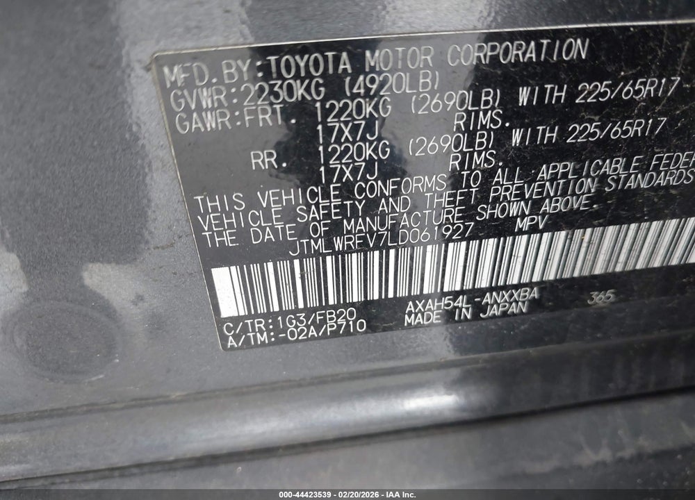 2020 TOYOTA RAV4 HYBRID LE VIN: JTMLWRFV7LD061927