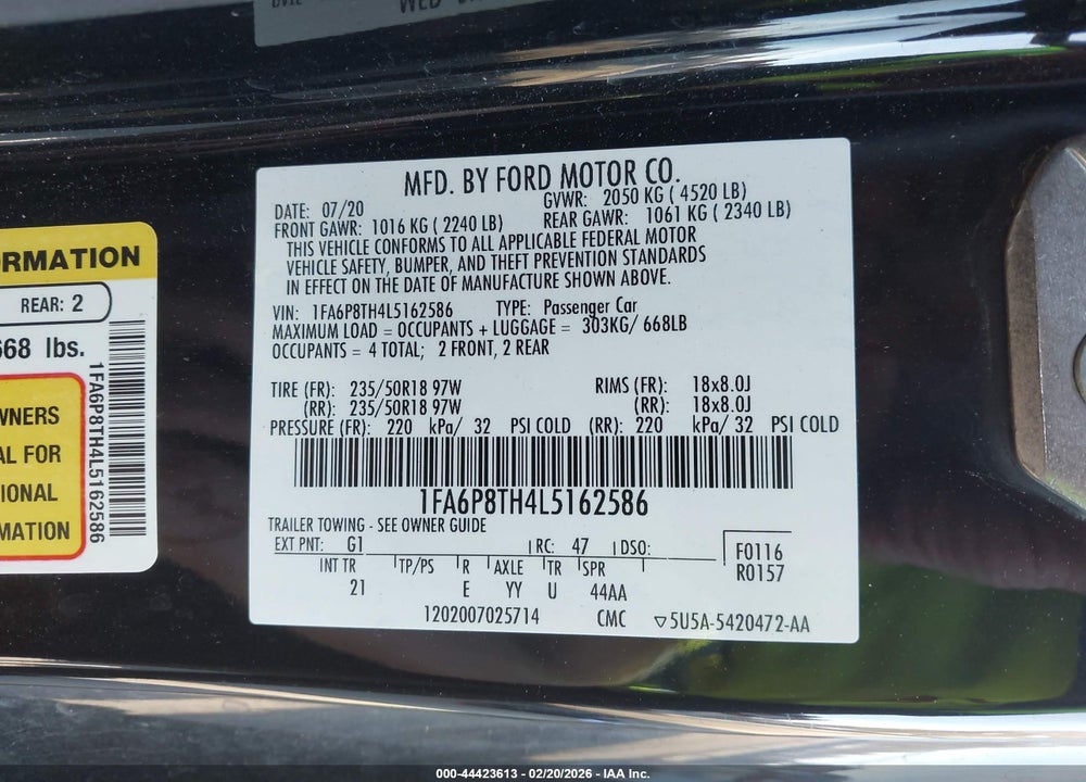 2020 FORD MUSTANG ECOBOOST FASTBACK VIN: 1FA6P8TH4L5162586
