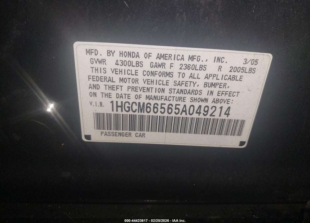2005 HONDA ACCORD 3.0 EX VIN: 1HGCM66565A049214