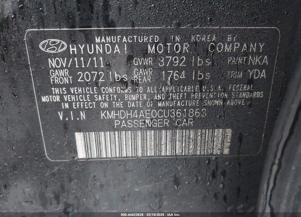 2012 HYUNDAI ELANTRA LIMITED (ULSAN PLANT) VIN: KMHDH4AE0CU361863