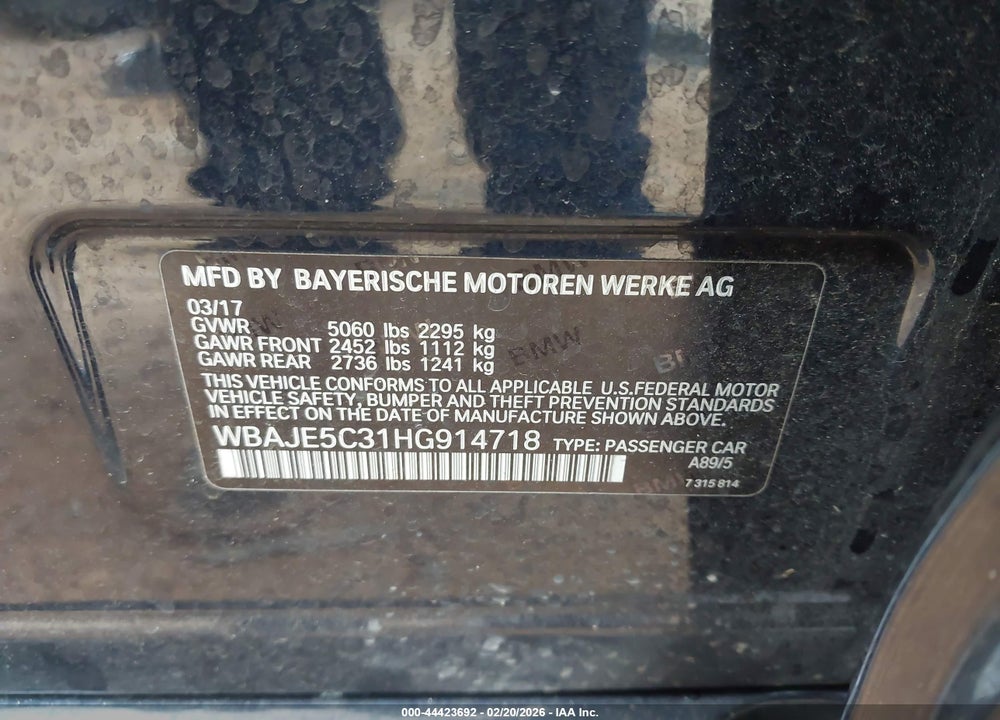 2017 BMW 540I VIN: WBAJE5C31HG914718