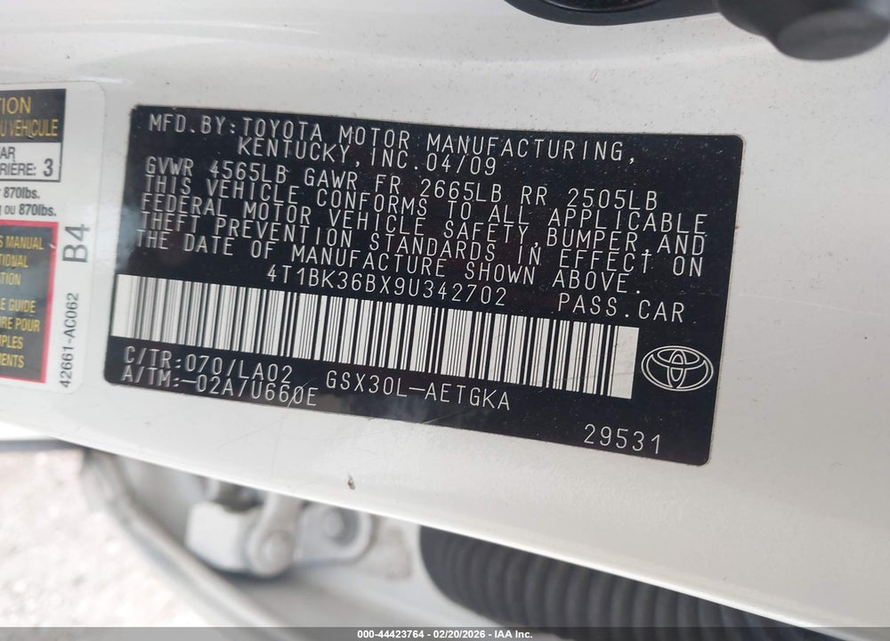 2009 TOYOTA AVALON XLS VIN: 4T1BK36BX9U342702
