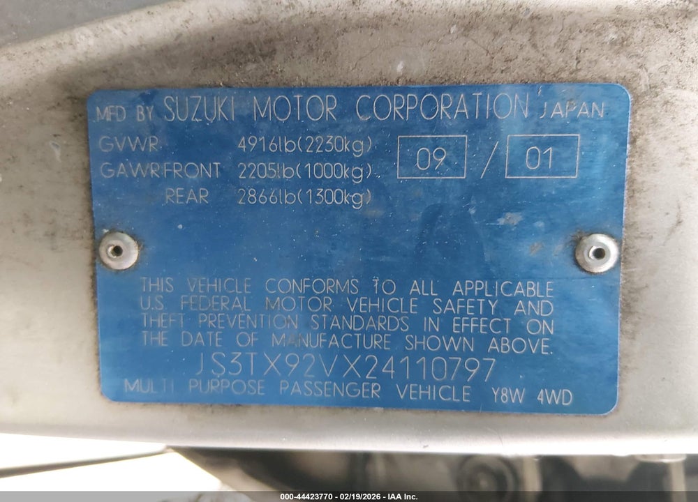 2002 SUZUKI XL-7 LIMITED/PLUS/STANDARD/TOURING VIN: JS3TX92VX24110797