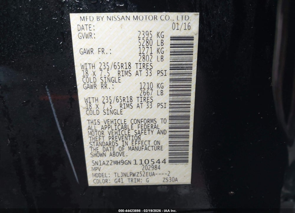 2016 NISSAN MURANO PLATINUM/S/SL/SV VIN: 5N1AZ2MH9GN110544