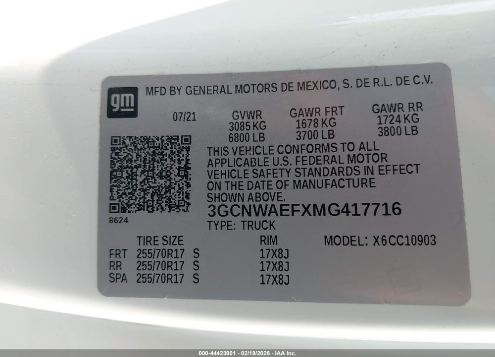 2021 CHEVROLET SILVERADO 1500 2WD  LONG BED WT VIN: 3GCNWAEFXMG417716