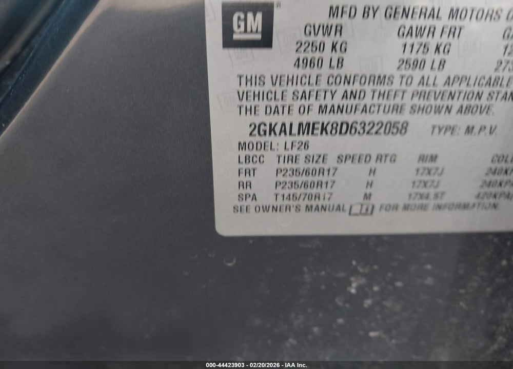 2013 GMC TERRAIN SLE-1 VIN: 2GKALMEK8D6322058