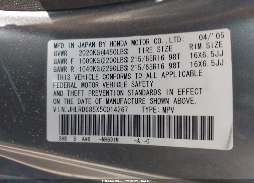 2005 HONDA CR-V LX VIN: JHLRD685X5C014267