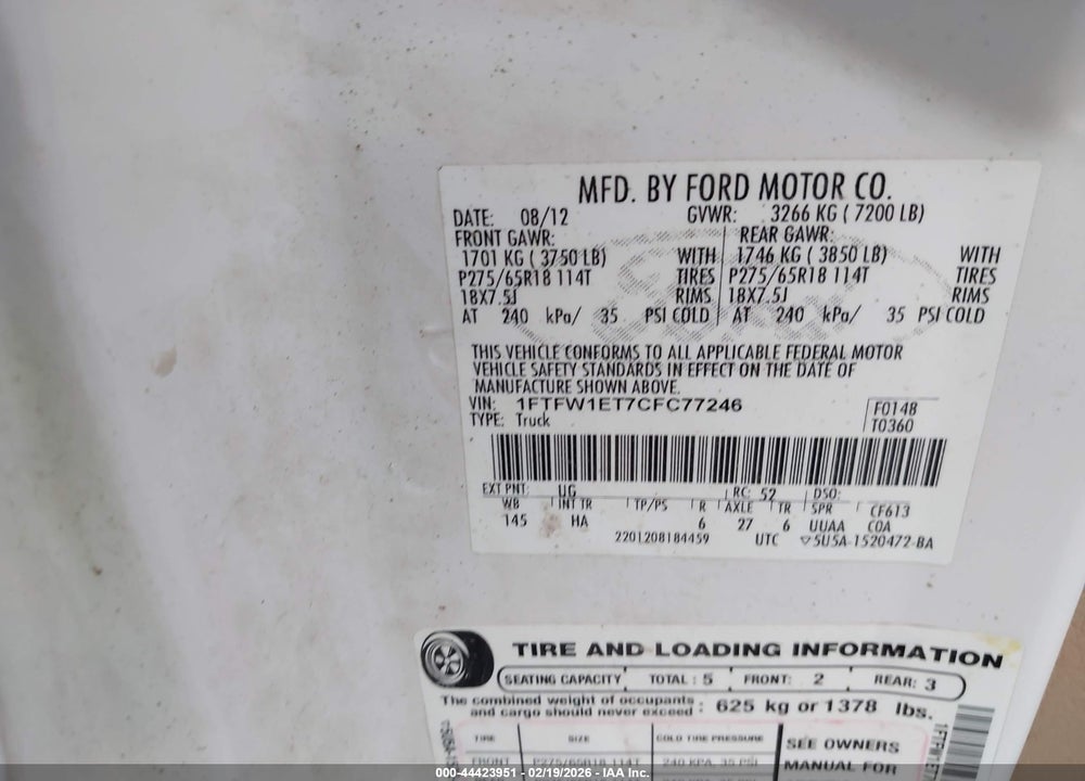 2012 FORD F-150 LARIAT VIN: 1FTFW1ET7CFC77246