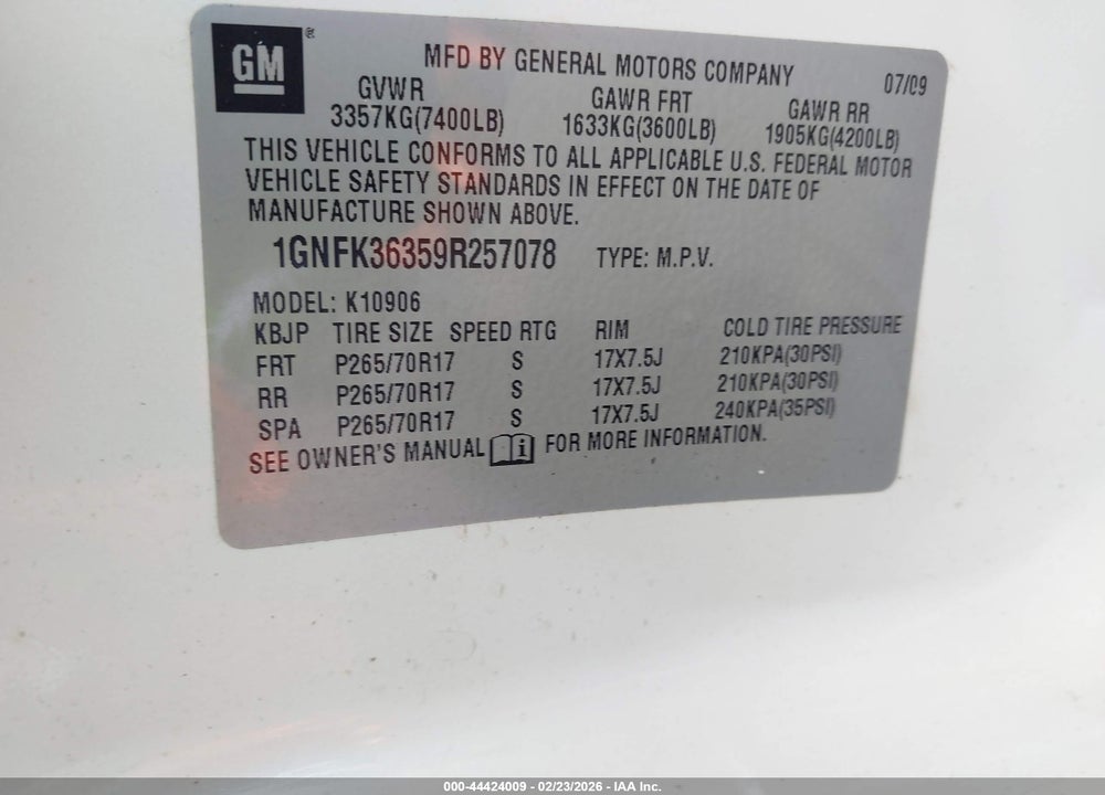 2009 CHEVROLET SUBURBAN 1500 LTZ VIN: 1GNFK36359R257078