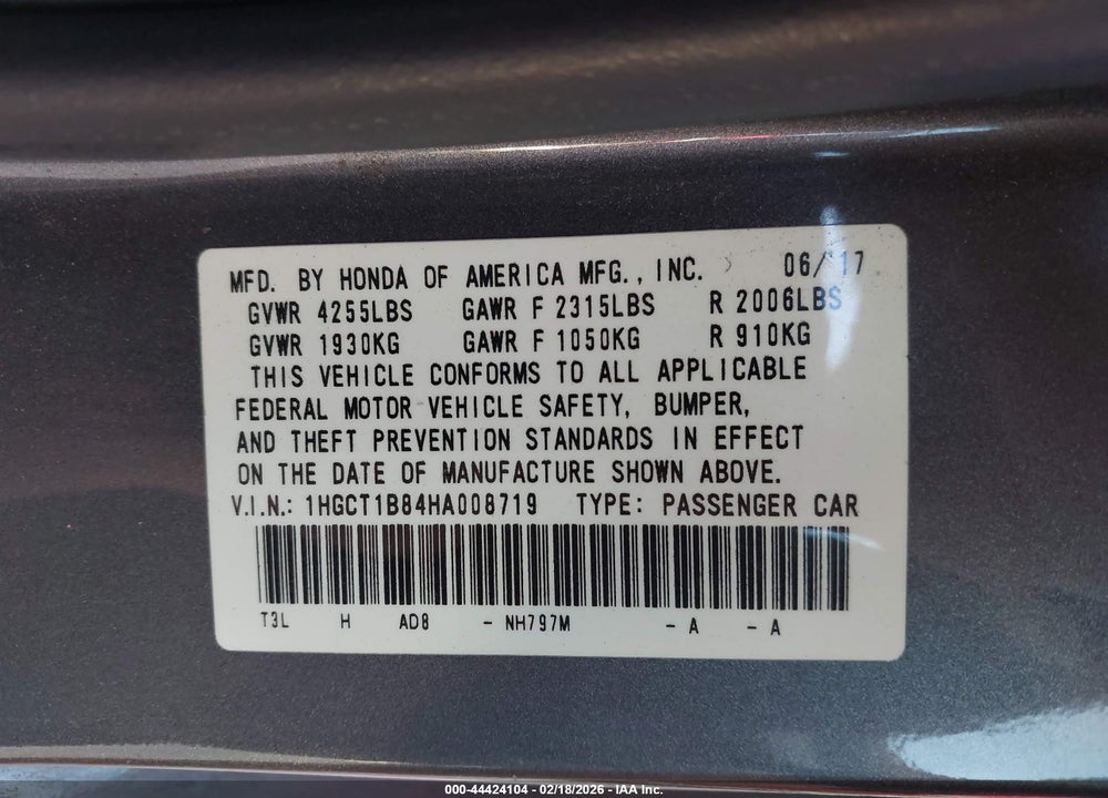 2017 HONDA ACCORD EX-L VIN: 1HGCT1B84HA008719