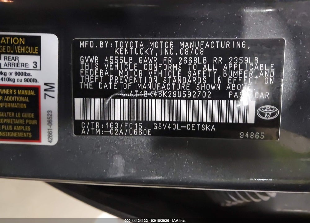 2009 TOYOTA CAMRY SE V6 VIN: 4T1BK46K29U592702