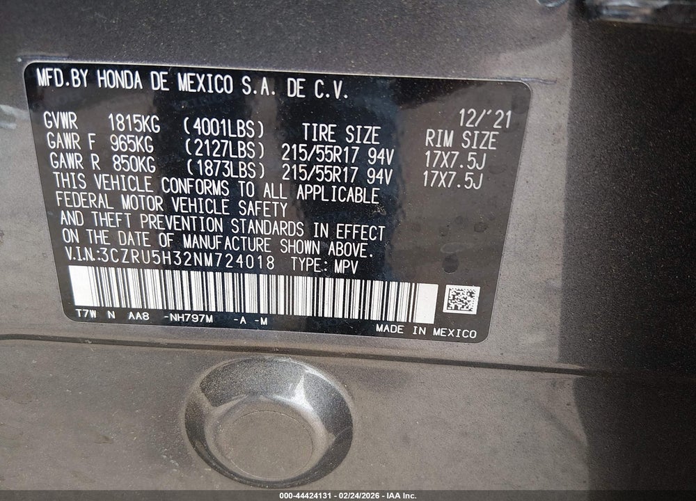 2022 HONDA HR-V 2WD LX VIN: 3CZRU5H32NM724018