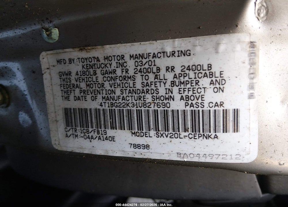 2001 TOYOTA CAMRY LE VIN: 4T1BG22K31U827690