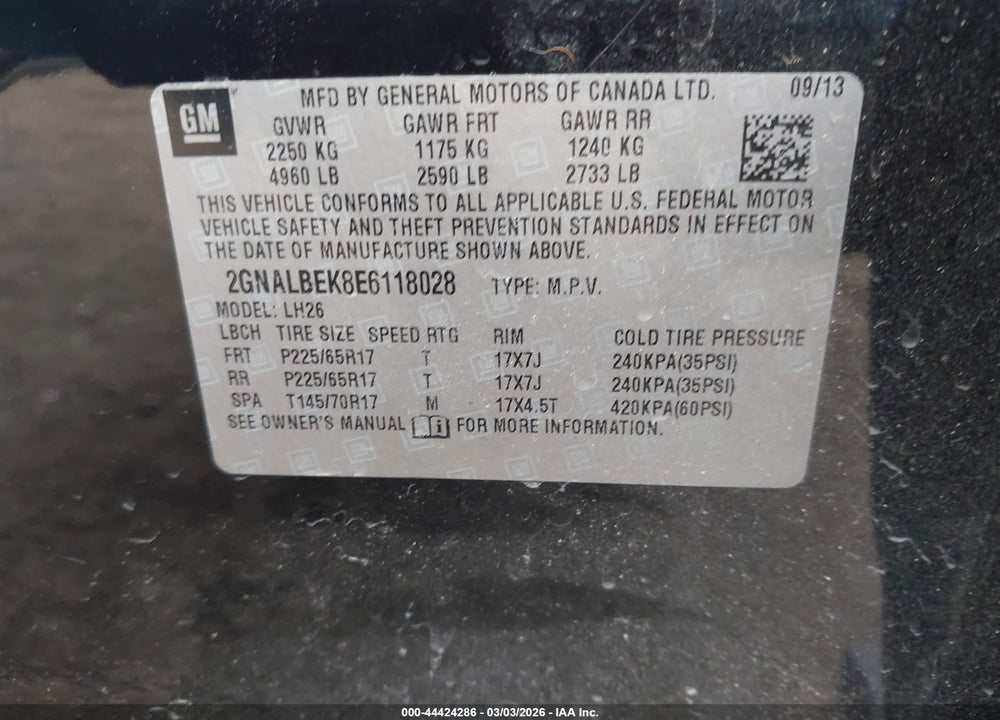 2014 CHEVROLET EQUINOX 1LT VIN: 2GNALBEK8E6118028