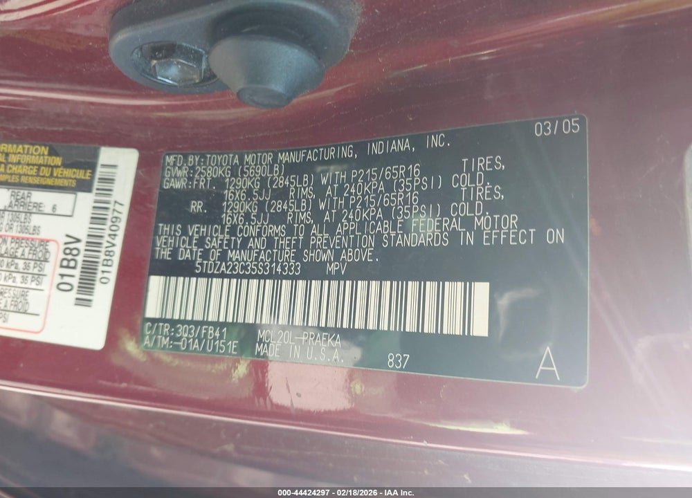 2005 TOYOTA SIENNA LE VIN: 5TDZA23C35S314333