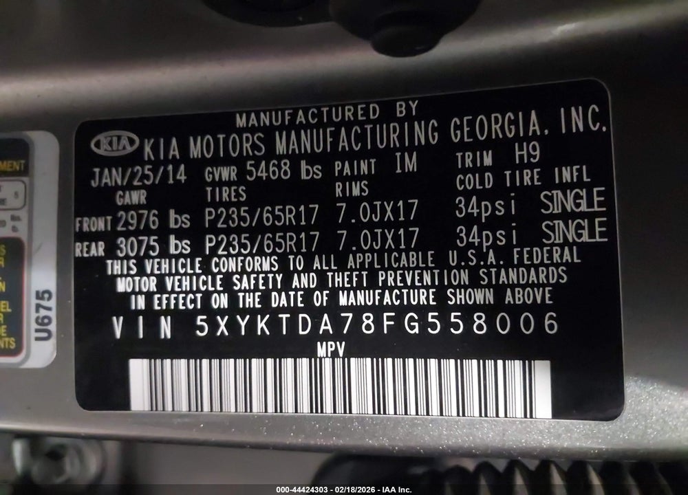 2015 KIA SORENTO LX V6 VIN: 5XYKTDA78FG558006
