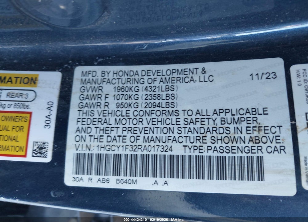 2024 HONDA ACCORD EX VIN: 1HGCY1F32RA017324