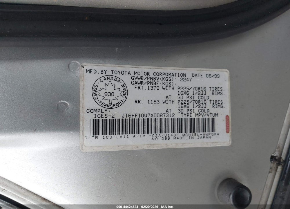 1999 LEXUS RX 300 VIN: JT6HF10U7X0087312