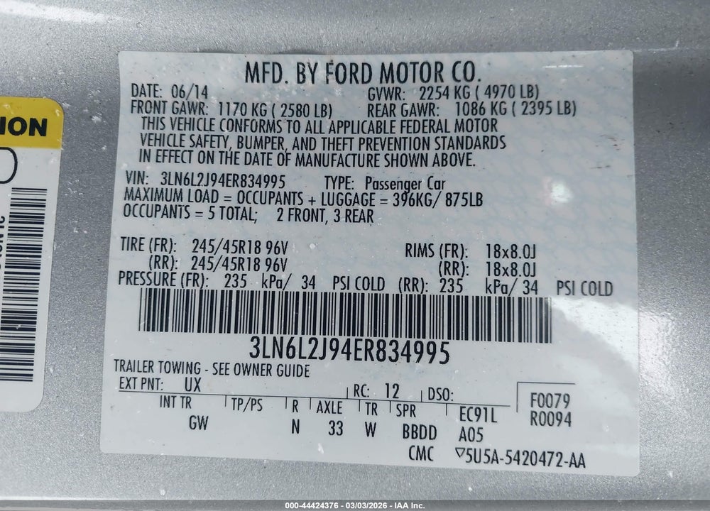2014 LINCOLN MKZ VIN: 3LN6L2J94ER834995