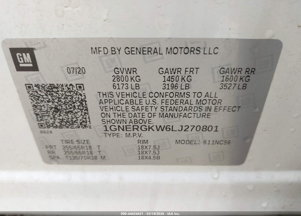 2020 CHEVROLET TRAVERSE FWD LT CLOTH VIN: 1GNERGKW6LJ270801