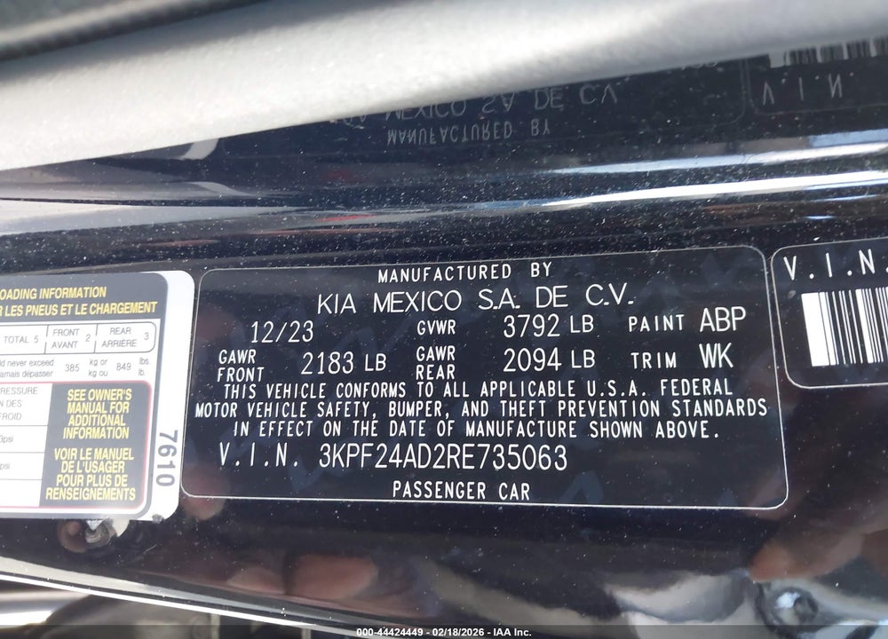 2024 KIA FORTE LXS VIN: 3KPF24AD2RE735063