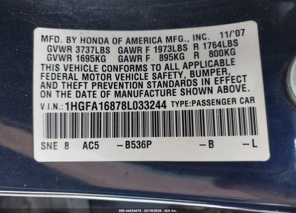 2008 HONDA CIVIC EX VIN: 1HGFA16878L033244