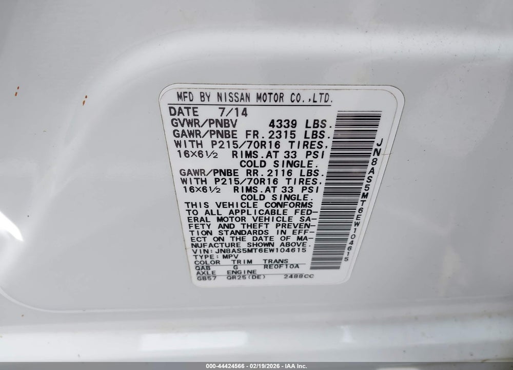 2014 NISSAN ROGUE SELECT S VIN: JN8AS5MT6EW104615