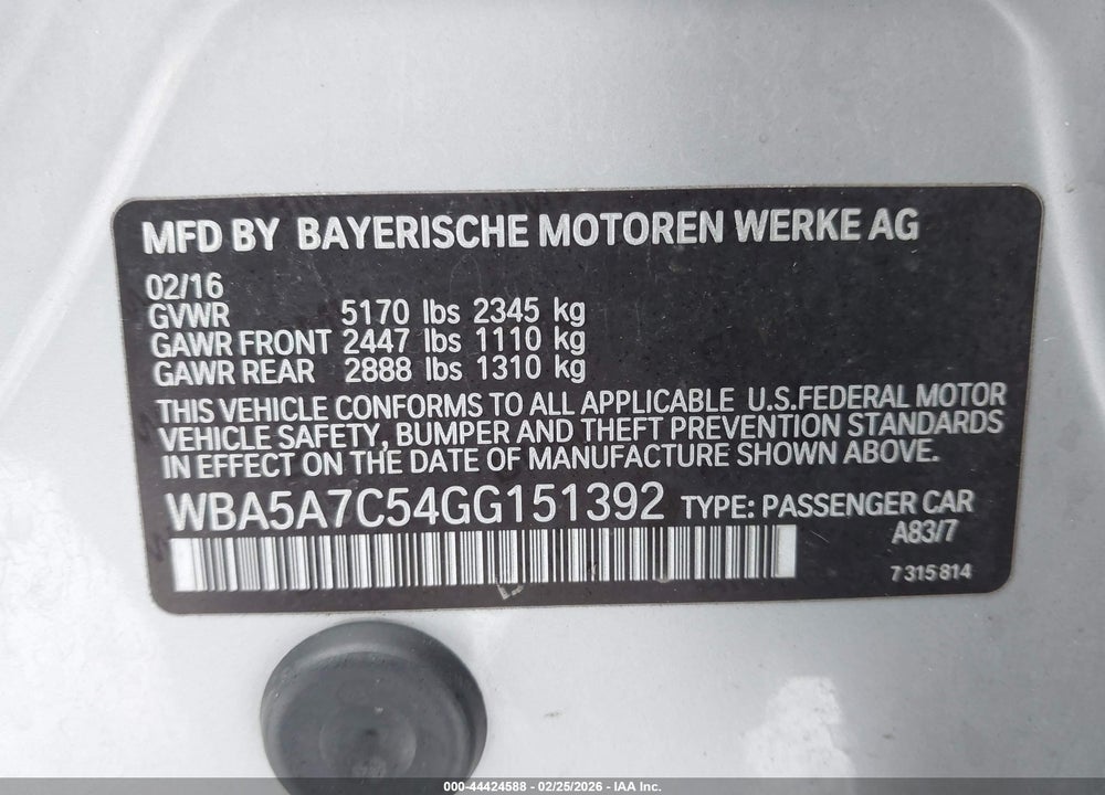 2016 BMW 528I XDRIVE VIN: WBA5A7C54GG151392