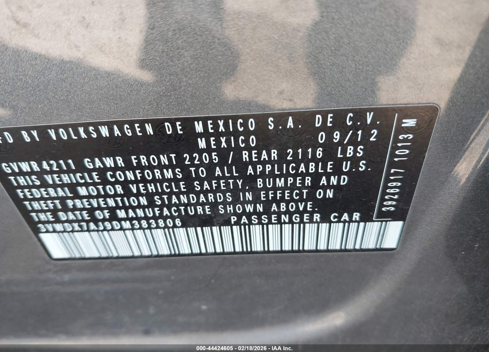 2013 VOLKSWAGEN JETTA 2.5L SE VIN: 3VWDX7AJ9DM383806
