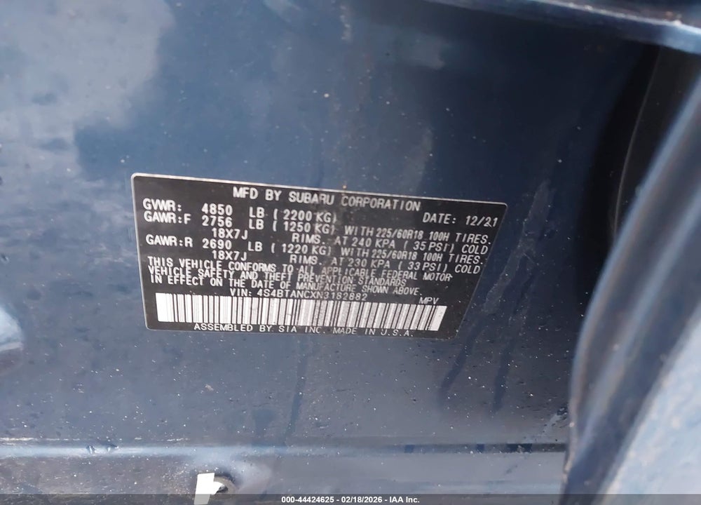 2022 SUBARU OUTBACK LIMITED VIN: 4S4BTANCXN3182882