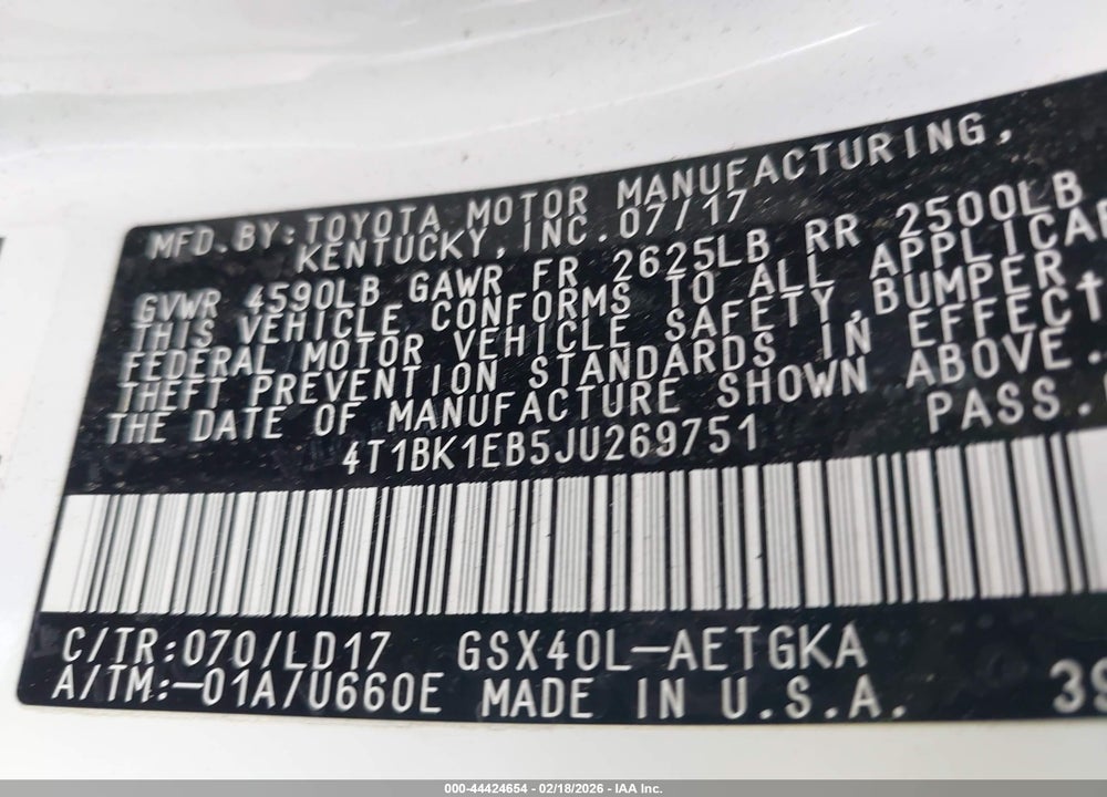 2018 TOYOTA AVALON XLE VIN: 4T1BK1EB5JU269751
