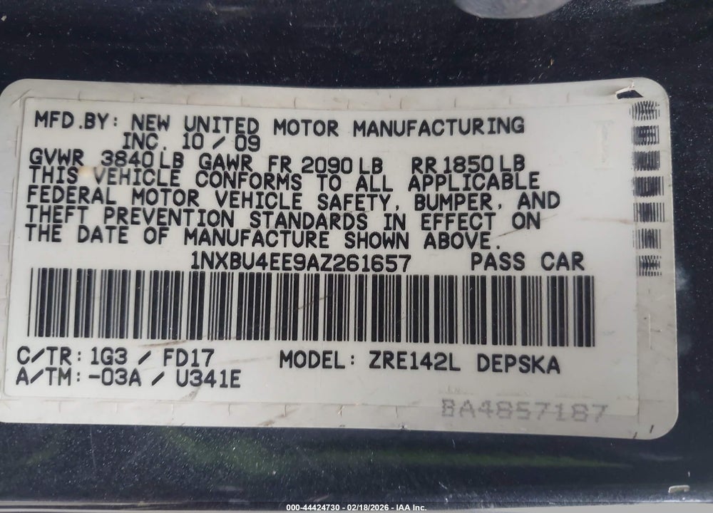 2010 TOYOTA COROLLA S VIN: 1NXBU4EE9AZ261657