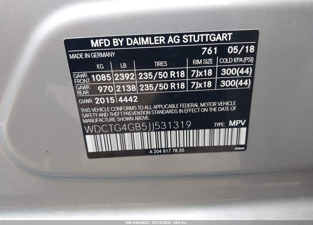 2018 MERCEDES-BENZ GLA 250 4MATIC VIN: WDCTG4GB5JJ531319