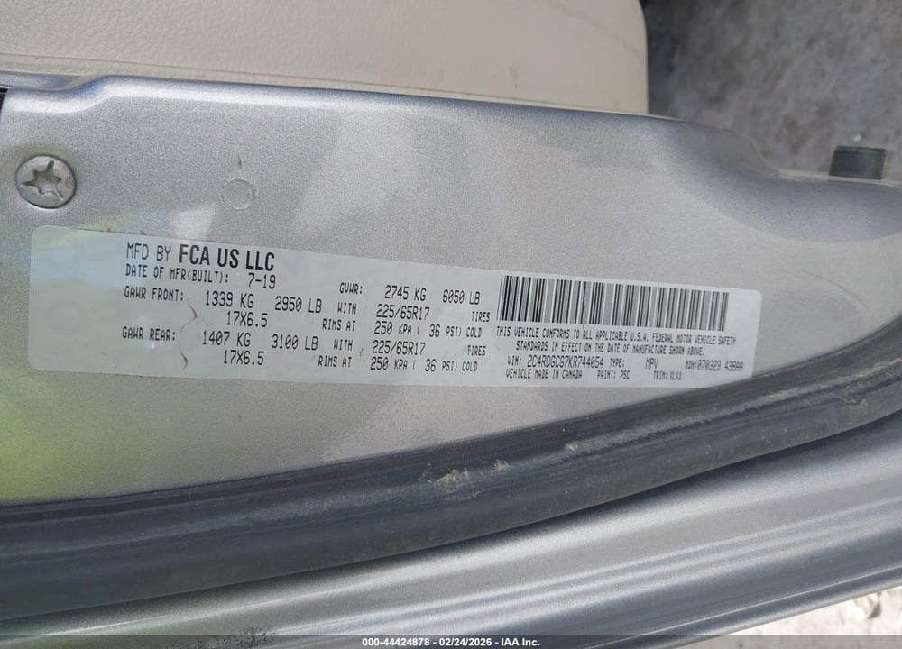 2019 DODGE GRAND CARAVAN SXT VIN: 2C4RDGCG7KR744054