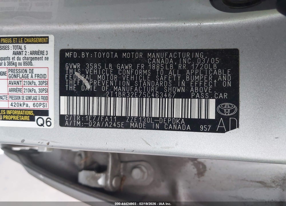 2005 TOYOTA COROLLA CE VIN: 2T1BR32E75C463467