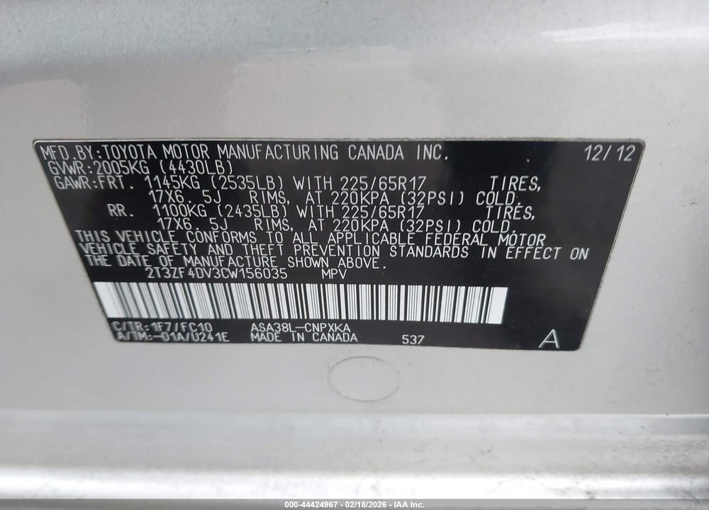 2012 TOYOTA RAV4 VIN: 2T3ZF4DV3CW156035